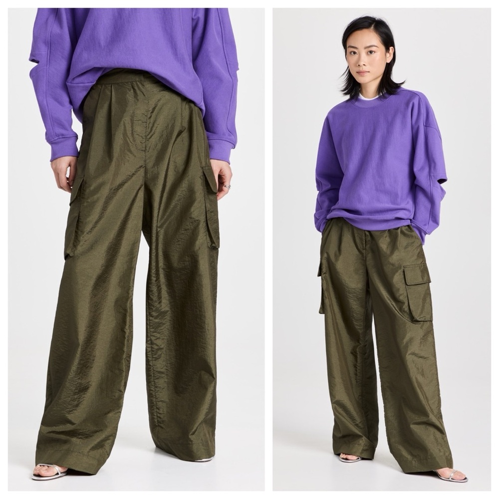 Tibi Stella Crispy Nylon Pleated Cargo Pant (Sz 12 Hemmed) Wide Leg Army Green - Picture 3 of 16
